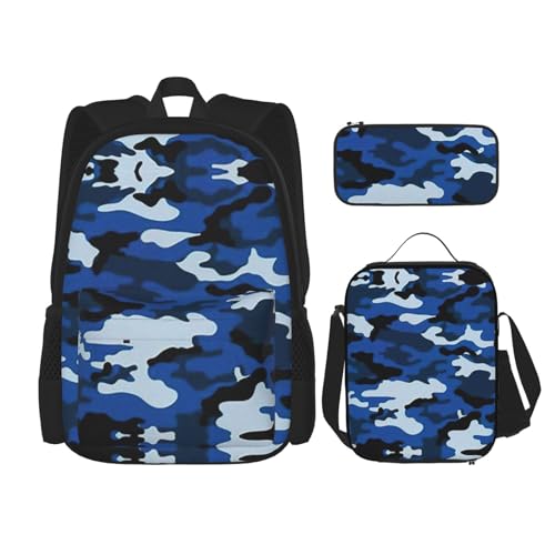 WURTON Schulrucksack-Set mit 3-in-1-Büchertasche und Lunchbox, Federmäppchen, Reise- und Laptop-Tagesrucksack, Camouflage-Motiv, Blau