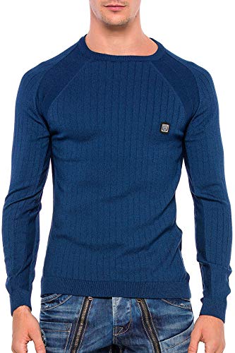 Cipo & Baxx Herren Strickpullover Rippenstrickpulli Rundhalsausschnitt Sweatshirt Raglanärmel Slim Body Fit Blau XXL