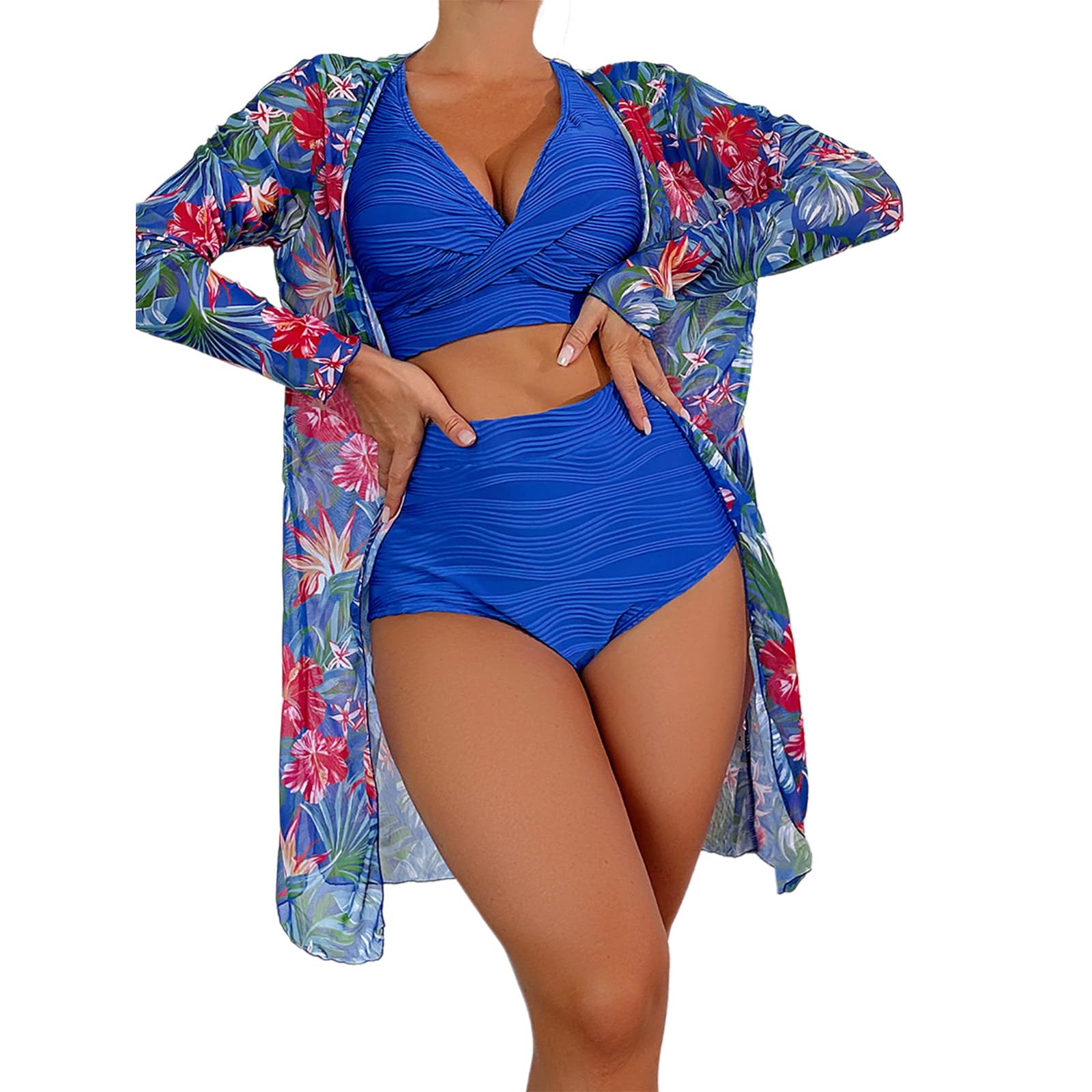 ohodhmnu 3-teiliges Damen-Bikinis-Badeanzug-Set mit Strand, langer Kimono, Blumendruck, Bademode mit Bauchkontrolle, Boyshorts