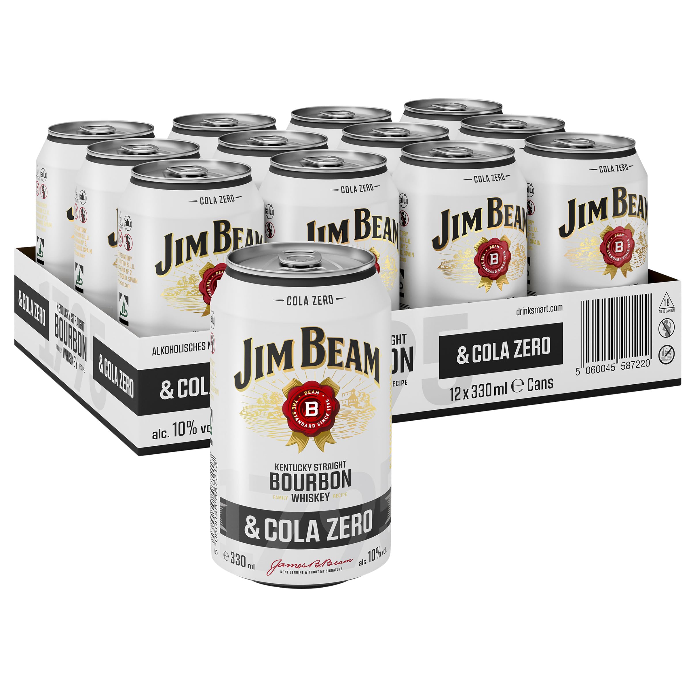 Jim Beam Bourbon & Cola Zero Dose | Kentucky Straight Bourbon Whiskey mit Cola Zero | eine perfekte Mischung | 10% Vol | Einweg, 12 x 330ml