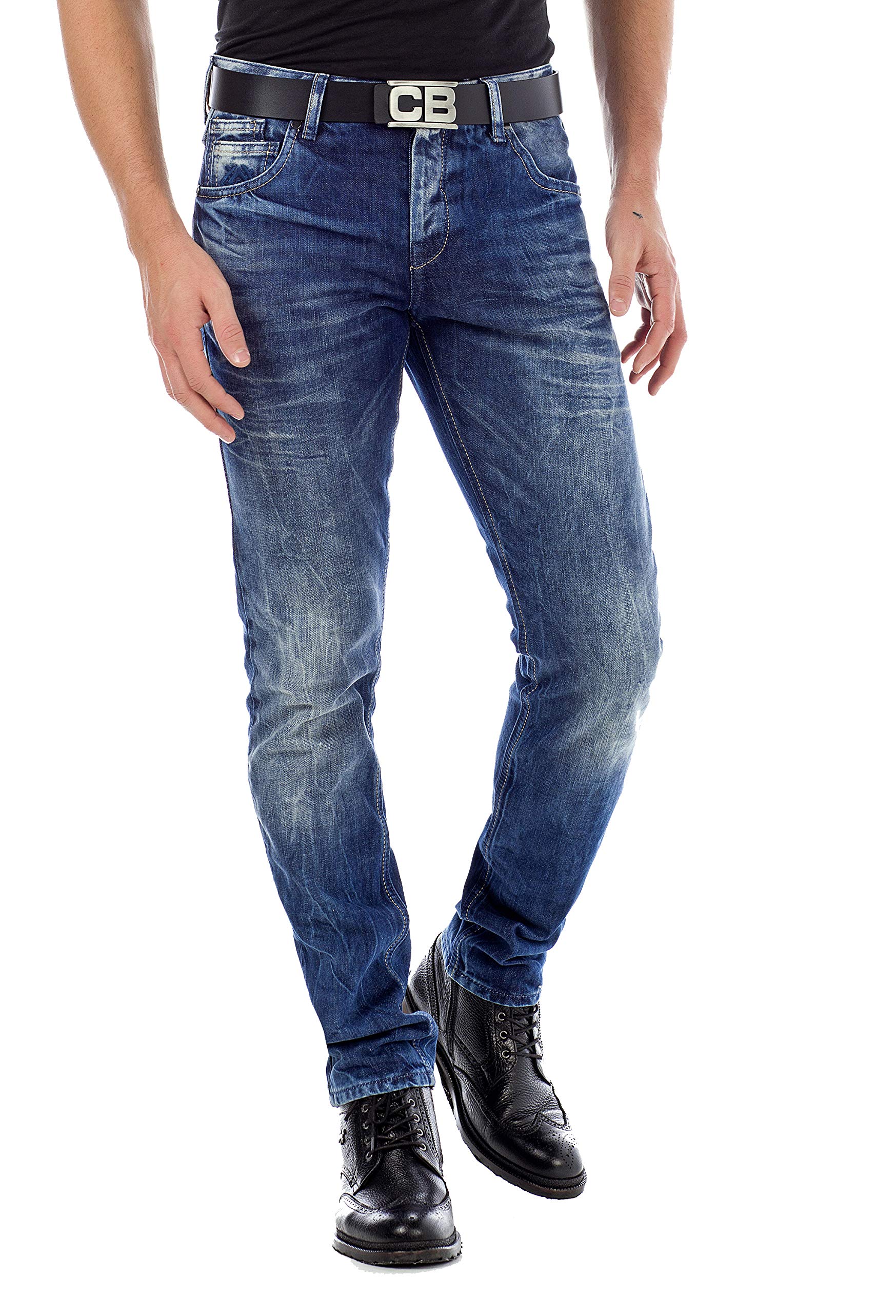 Cipo & Baxx Herren Jeans Hose Regular-Fit Verwaschen Denim Hose Men Freizeit Pants Blau W38 L32