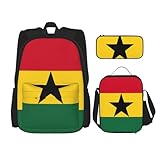 WURTON Trendige Rucksacktaschen und Federmäppchen, 3-in-1-Rucksack-Set, Motiv: Flagge von Ghana, verstellbarer Rucksack, Schwarz , Einheitsgröße