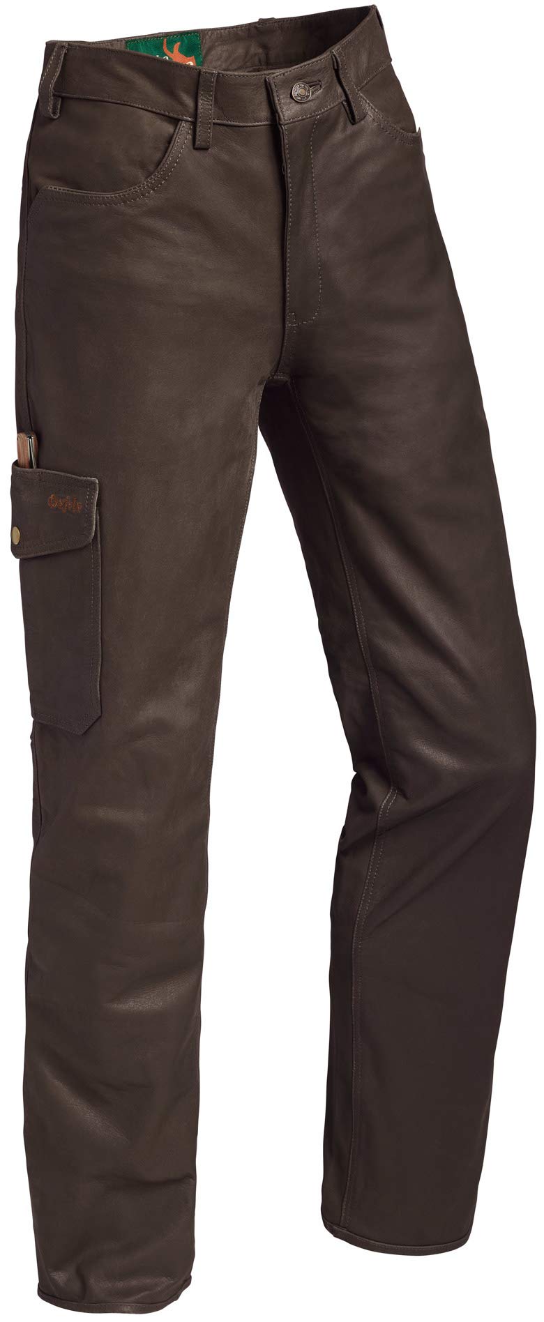 La Chasse Lederhose aus Büffelleder mit Beintasche für Herren strapazierfähig Trachtenhose Büffellederhose Jagdlederhose Herrenhose mit ausknöpfbarem Innenfutter (58, Braun)