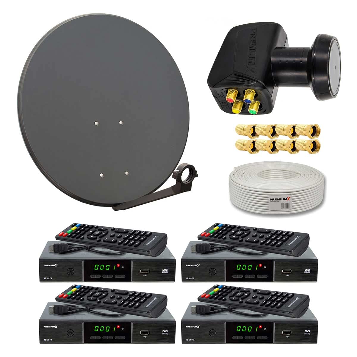 PremiumX Satelliten-Komplettanlage 4 Teilnehmer 60cm Antenne Anthrazit SAT Quad LNB 50m Antennenkabel 4X HD TV Sat-Receiver