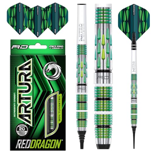 RED DRAGON Artura Screamin' Grün 18 Gramm Softip Premium Tungsten Darts Set mit Flights und Stielen