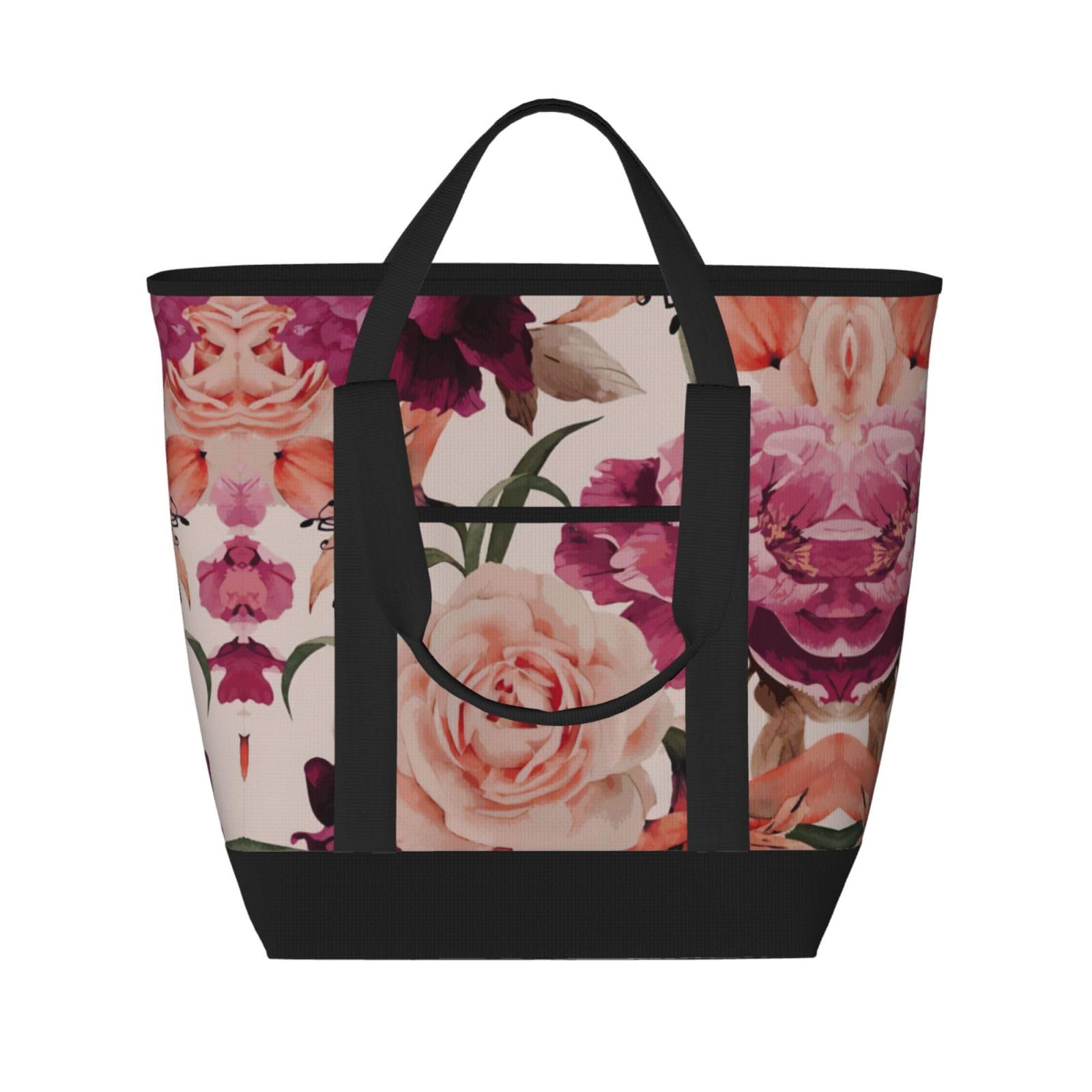 YQxwJL Isolierte Lunchtasche, wiederverwendbare Einkaufstasche mit Reißverschluss, für Damen und Herren, Rosa mit Rosen-Blumendruck