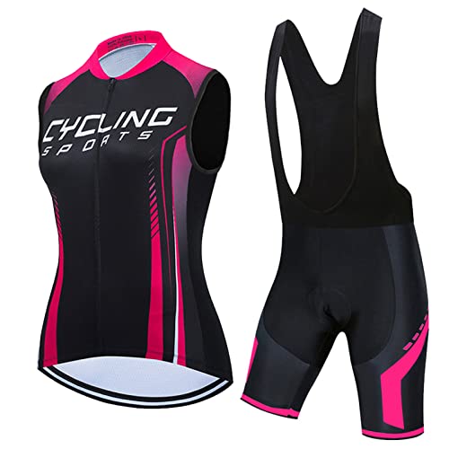 Radsportanzug Damen Sommer|Radtrikot Ärmellos Set Fahrradweste Anzug|Fahrradbekleidung Radweste Frauen,Atmungsaktiv MTB Fahrradtrikot Sleeveless Oberteil und Radhose mit 19D Gel Sitzpolster(1,S)