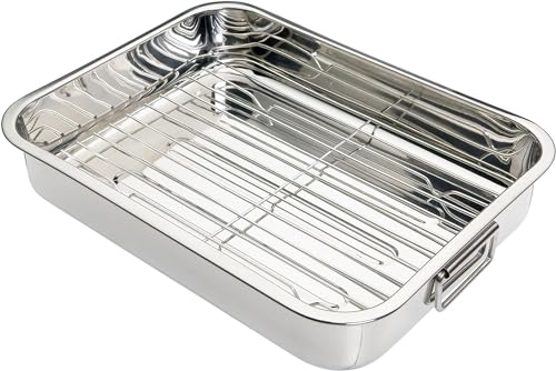 KitchenCraft Edelstahl Bratenform, Bräter mit Grillrost, Gitterost für Backofen, Silber Edelstahl, Mittelgroß 37 x 28 cm