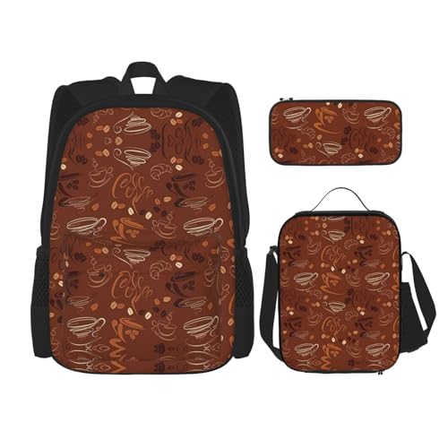 WURTON Cups and Beans Curves And Swirls Print Rucksack Mädchen Jungen Schultaschen Teenager Lunchbox und Federmäppchen 3-in-1 Büchertaschen-Set