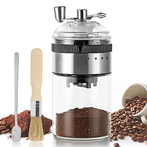 Moongiantgo Kaffeemühle Manuell Kompakt und mühelos, Edelstahl & Glas, 5 Präzisen Stufen Einstellbar Keramischer Konischer Grat, mit Löffel & Pinsel | Machen Sie Jederzeit und überall Frischen Kaffee