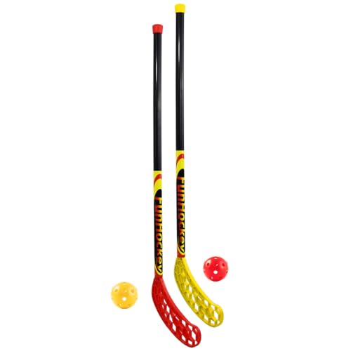 Bandito FunHockey Schlägerset inkl. Bälle für Kinder, Floorball für Garten, Floorball Stick, Streethockey outdoor, Linkshänder, Rechtshänder, 2 Bälle und Schläger, rot und gelb