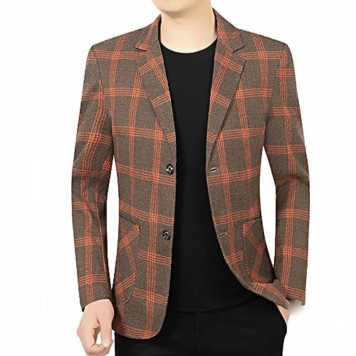 Anzugjacken Für Herren,Vintage Herren Slim Fit Casual Blazer Langarm Kerb Revers 2 Knöpfe Formelle Business Anzugjacken Karierte Anzugjacke Klassisch Schicke Blazer Leichte Jacken,Orange,L