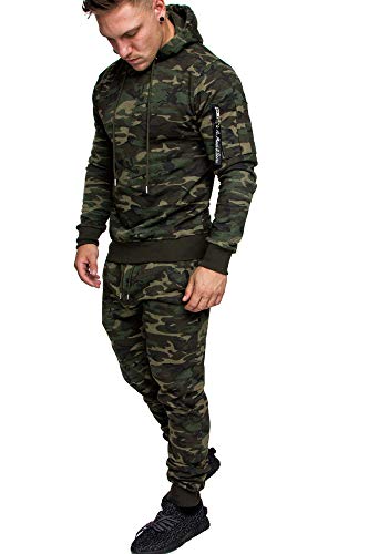 Amaci&Sons Herren Cargo Stil Sportanzug Jogginganzug Trainingsanzug Sporthose+Hoodie 1003 Camouflage Khaki XXL