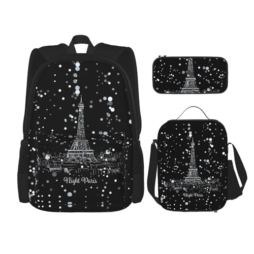 WURTON Night Paris Eiffelturm-Druck, Schulter-Rucksack, 3-in-1, Büchertaschen-Set, Lunchbox, Federmäppchen, Reise-Laptop-Tagesrucksäcke, Schwarz, Einheitsgröße