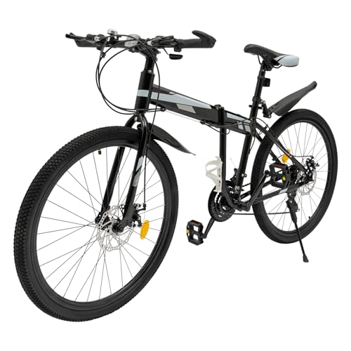 Fridgestea 26 Zoll Mountainbike Klappbar, 21 Gang Klapprad, Klappfahrrad Erwachsene Jugendfahrrad MTB mit Scheibenbremsen vorne und hinten für Jungen Mädchen Damen Herren (Schwarz+Silber)