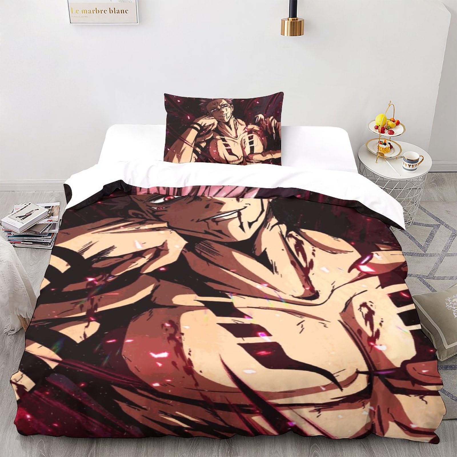 UKALOU Jujutsu Kaisen Sie Einen Erholsamen Schlaf in Diesem 3-teiligen Sukuna Duvet-Cover-Set Aus Mikrofaser Mit 3D-Druck - Versteckter Reißverschluss Und Pillowcases Enthalten Single（135x200cm）