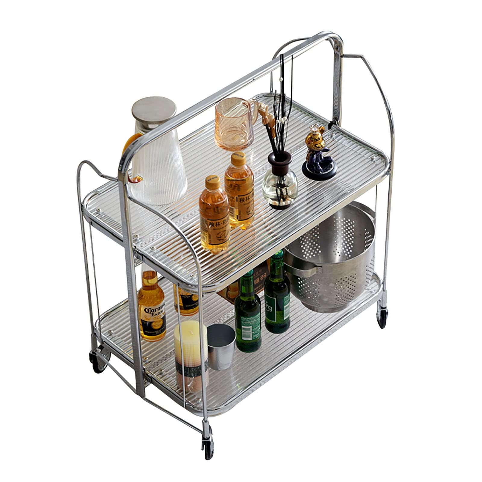 IMYOGI Exquisiter Trolley aus gehärtetem Glas im mittleren Antik-Stil, doppelt klappbarer mobiler Beistelltisch, transparenter Couchtisch im Wohnzimmer-Ins-Stil, Regal aus Edelstahl (Farbe: A)