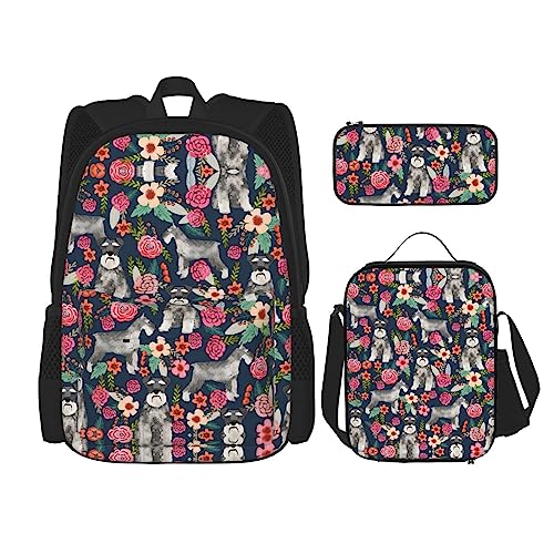 WURTON Schnauzer Print Reise Lunchbox Federmäppchen Rucksack Set 3 Stück Verstellbare Träger Leicht, Schwarz, Einheitsgröße