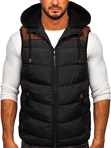 BOLF Herren Weste mit Kapuze Steppweste Bodywarmer Kapuzenweste Daunenweste Reißverschluss Weste Ärmellose Sportweste Zip Wärme Freizeit Outdoor Style B5382 Schwarz L [1U1]