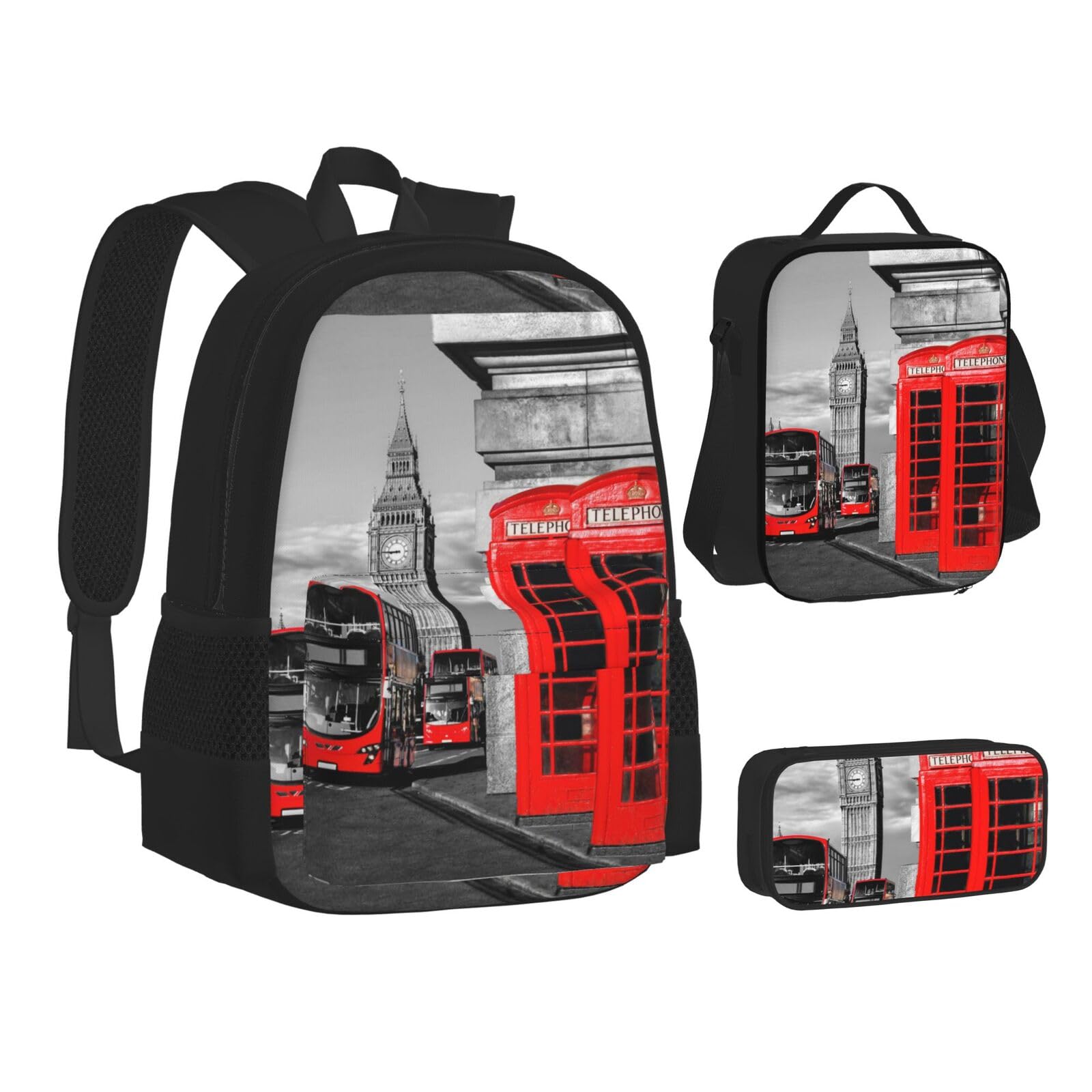 WURTON England, Großbritannien, London, Rucksack, Lunchbox-Set, 3-in-1 Büchertasche und Federmäppchen, passende Kombination, Schwarz, Einheitsgröße