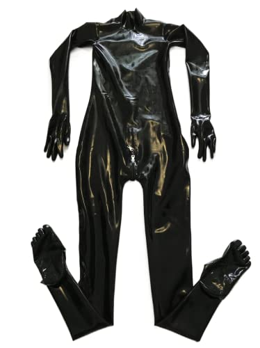 Latexshine Schwarze Latex-Fetisch-Bodysuits Catsuit-Handschuhe Zehensocken mit abschließbarem Schrittreißverschluss