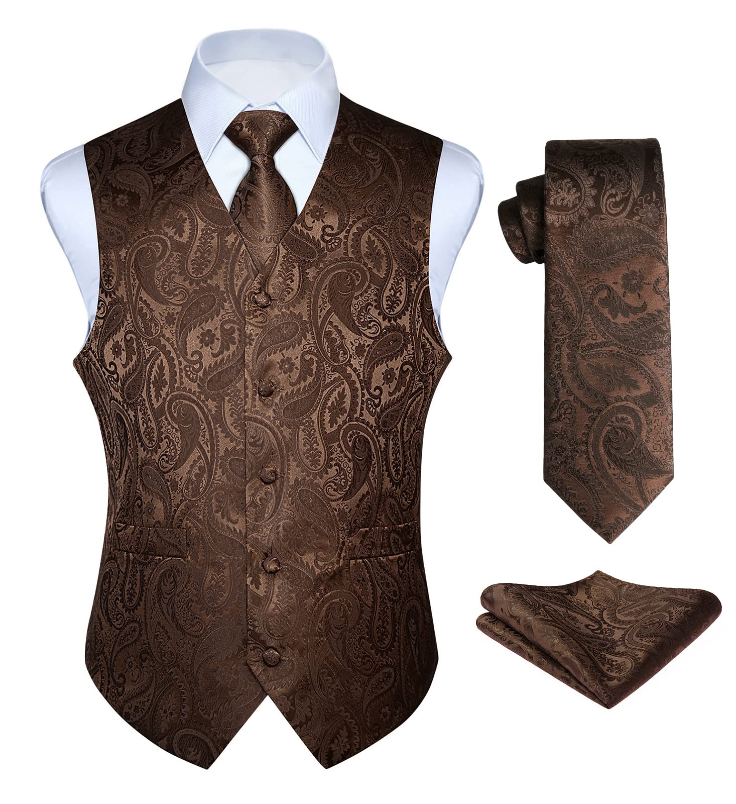 Enlision Anzugweste braun Herren Hochzeit Paisley Westen & Krawatte Einstecktuch Party Floral Jacquard Anzug Weste Set XXL