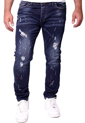 Reslad Jeans Herren Color-Splashes Stretch Denim Destroyed Jeanshose Männer-Hose Slim Fit RS-2101 Dunkelblau W33 / L32