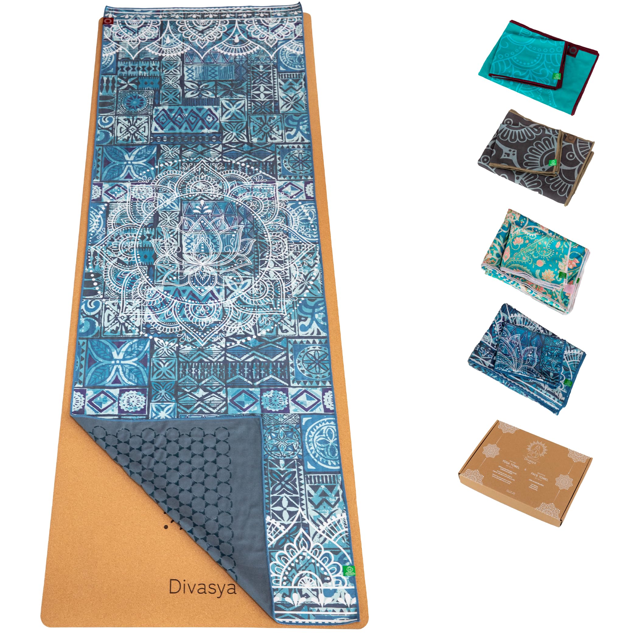 Divasya Yoga-Handtuch-SET (recycelte Mikrofaser): 1 rutschfestes Yoga-Handtuch (Antirutsch-Noppen), 183x61cm, als Yogamatten-Auflage, für Reise/Studio, plus 1Gesichtshandtuch (Ink Blue)