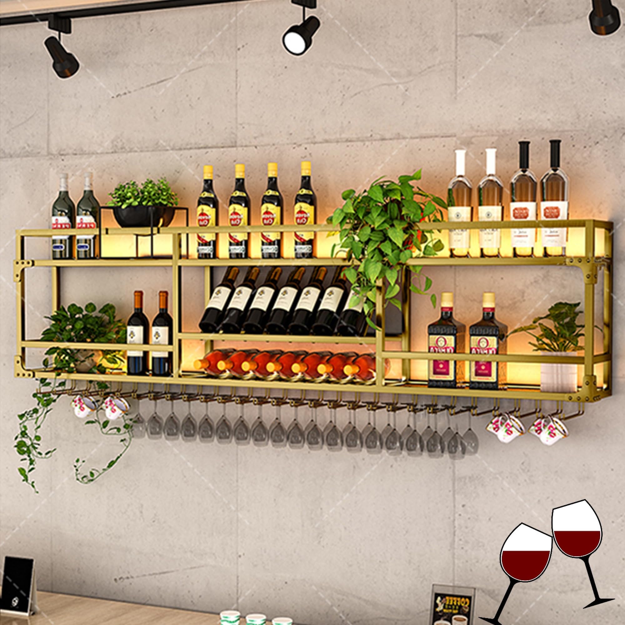 HSJFS Weinregal Wand Befestigte Bar Regale Mit Hängendem Wein Glas Rack Alkohol Flasche Display Regal Mit Geführtem Licht Schwimmende Bar Regale Whiskey Regal Küche Wandschrank Für Home Bar Esszimmer