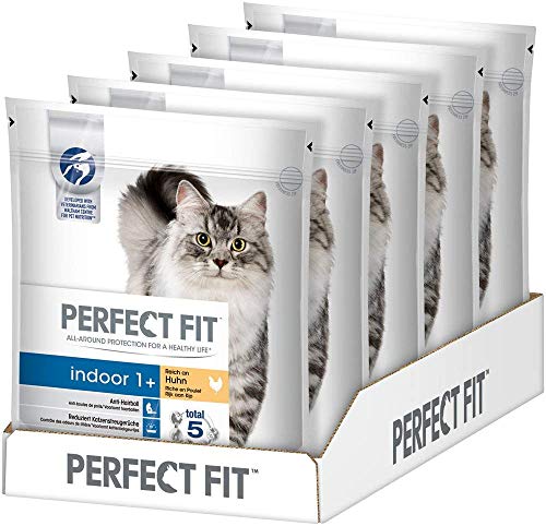 Perfect Fit Katzenfutter Trockenfutter Indoor für Hauskatzen Adult 1+ Reich an Huhn, 5 Beutel (5 x 750g)