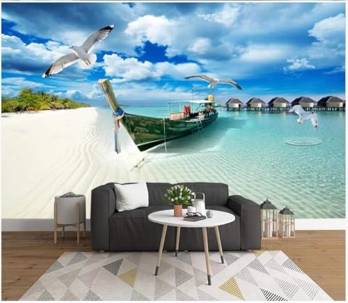 Blauer Himmel Weiße Wolken Strände Boote Möwen 3D Tapete Poster Restaurant Schlafzimmer Wohnzimmer Sofa TV Dekorative Wand-300cm×210cm