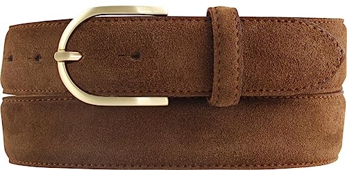 BELTINGER Damen-Gürtel aus Veloursleder 3,5 cm | Velour-Ledergürtel für Damen 35mm | Wildleder-Gürtel mit runder, goldener Gürtelschließe | Tabac 115cm