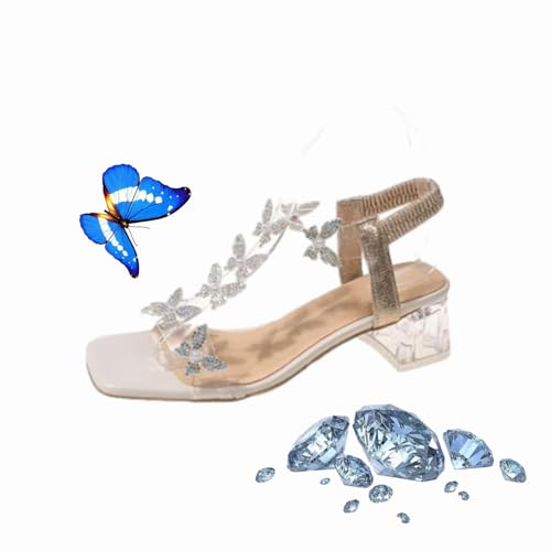 WINDEHAO Damen Sommer Riemchensandalen Strass High Heels Strass Absatz Sandalen mit Gummiband Schmetterling Blume für Abend Hochzeit, Apricot Butterfly, 36 EU