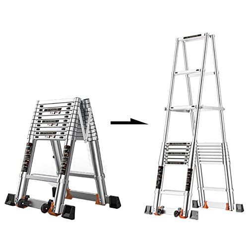 Leitern Teleskopleiter, Ausziehleiter, tragbare A-Rahmenleiter aus Aluminium mit Rädern, Mehrzweck-Teleskop-Ausziehleiter für Dachboden, Dachboden, 150 kg Ambitious