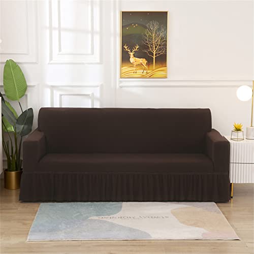 IMYOGI Hoher Stretch-Sofabezug, armloser Futon-Schonbezug mit Rüschenrock, einfarbig, Milchseide, Futon-Couchbezug, Stretch-Futon-Sofa-Bettbezug – tiefes Kaffeebraun – 3-Sitzer (190–230 cm)