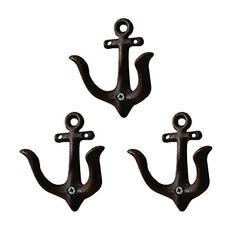 TentHome 3er-Set Maritime Dekoration Garderobe Antik Gusseisen Wandhaken Kleiderhaken Garderobenhaken Anker Doppelhaken Wandgarderobe Vintage Garten Haken (Antik Schwarz)