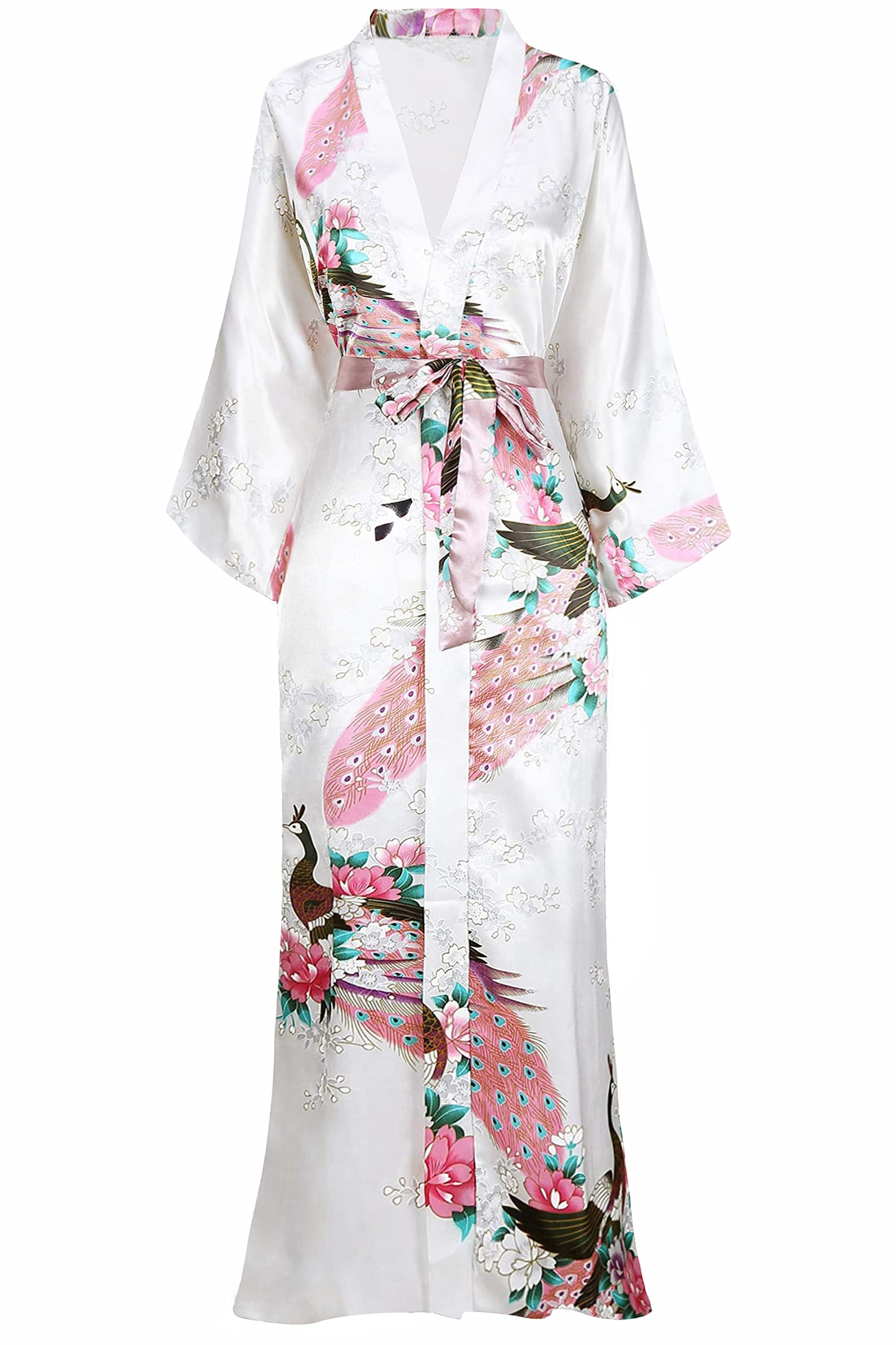 BABEYOND Damen Morgenmantel Maxi Lang Seide Satin Kimono Kleid Pfau Muster Kimono Bademantel Damen Lange Robe Schlafmantel Girl Pajama Party (Weiß)