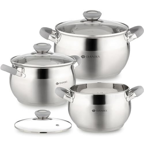 Daniks Modern Edelstahl Topfset Induktion | Kochtopf Set mit Glasdeckel | 2L 16 cm + 2.9L 18 cm + 4L 20 cm | Nudeltopf Suppentopf Pastatopf | Silber