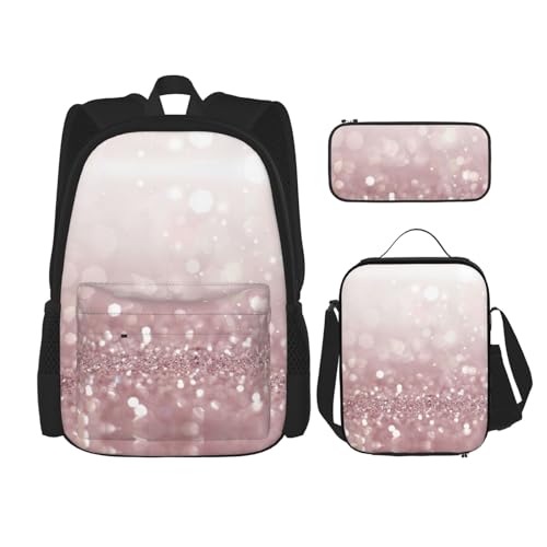 WURTON Rosa Glitzer-Druck, verstellbare Schultergurte, Rucksack-Set, Lunch-Tasche, Federmäppchen, Kombinationstaschen-Set