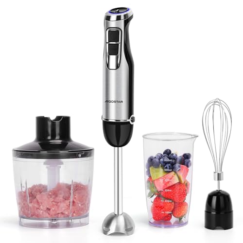 Aigostar Stabmixer 4-in-1 1000W Elektrische Pürierstab Set mit 600 ml Messbecher, 500ml Zerkleinerer, Edelstahl Schneebesen 6 Gang Handmixer mit Turbofunktion für Babynahrung