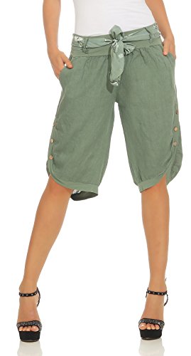 Mississhop 281 Damen Capri 100% Leinen Bermuda lockere Kurze Hose Freizeithose Shorts mit Gürtel und Knöpfen Oliv XL