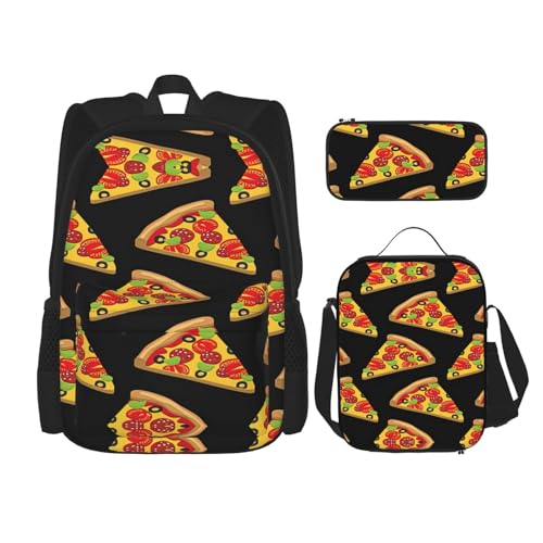 WURTON Tasty Pizza Print Lunchbox Federmäppchen Rucksack Set 3 Stück Verstellbare Träger Langlebig Leicht, Schwarz, One Size