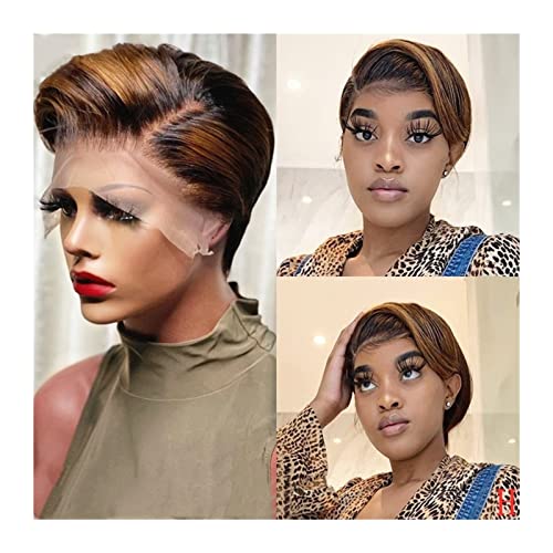 Perücken Kurze Ombre Gold Blonde Perücken Pixie Cut Kurze Bob Lace Front Echthaar Perücken 13X4 Brasilianische Remy Haar Lace Perücken for Schwarze Frauen Damenperücke(Size:150%)