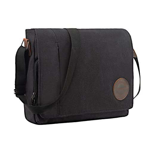 Leathario Herren Messenger Bag Segeltuch Aktentsche Laptoptasche für Laptop 14 Zoll Männer Schultertasche für Arbeit Uni Freizeit Schwarz