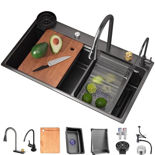 PetterShop Wasserfall Küchenspüle, Edelstahl Single Bowl Bar Spüle Drop In Topmount Workstation Spüle, Mit Wasserhahn Combo Mit Zubehör (Color : Black-Grey, S : 68x45x21cm)