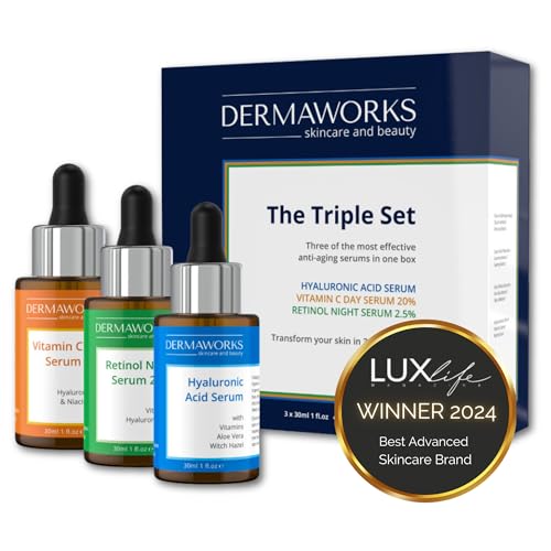 DERMAWORKS Serum Set HYALURONSÄURE + 20% VITAMIN C + 2,5% RETINOL. Anti-Aging, Anti-Falten. Behandelt Altersflecken und Akne. Steigert die Kollagenproduktion, strafft und hellt die Haut auf