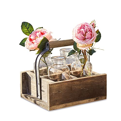 Loberon® Vase 4er Set mit Korb Reverie, wiederaufbereitetes Tannenholz, H/B/T ca. 23/26 / 22 cm, Deko, Pflanzen, braun/klar