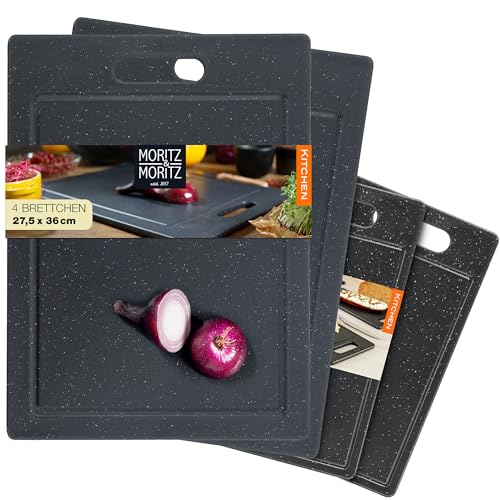 Moritz & Moritz 4x Schneidebrett Kunststoff Set in 2 Größen - Schneidebretter BPA frei - Küchenbretter Granitoptik - Cutting Board mit Antirutschfüßen, Eingriffsöffnung - Schneidebrett mit Saftrille