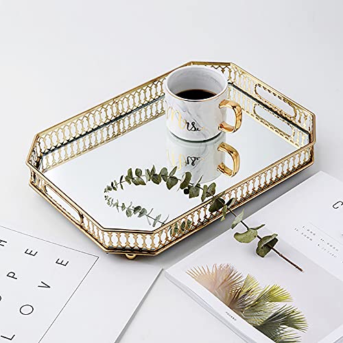 Dekorative Tablett Rechteck Gespiegelt Schmuck Tablett Veranstalter Spiegeltablett Gold Vintage Spiegel Tablett Make-up Schmuck Organizer Verspiegelt Metall Deko Tablett Dekotablett Metall Glas