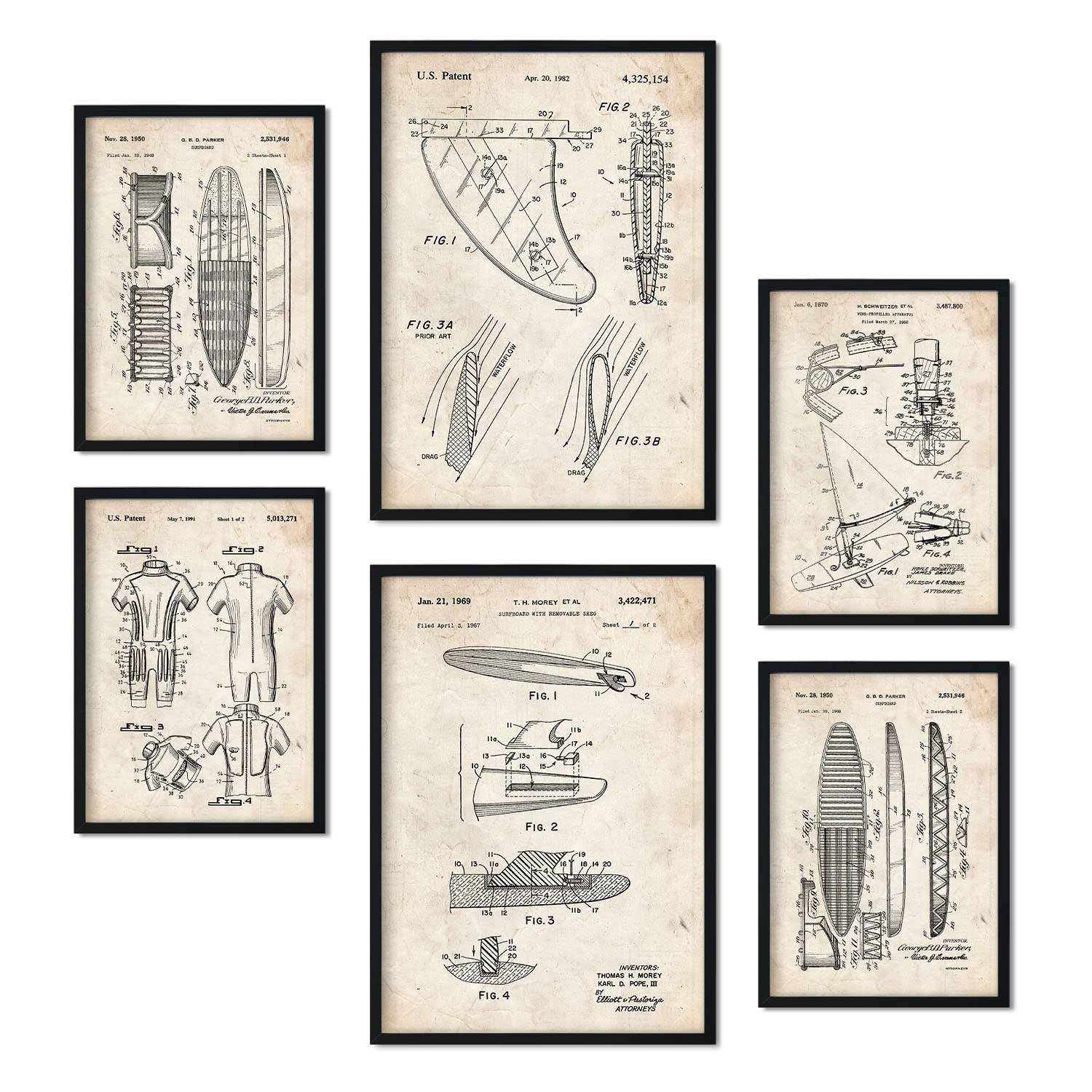 Nacnic Set von 6 Plakaten mit Surfen Patenten. Plakate mit Retro-Patentabbildungen. Inneneinrichtung im Vintage-Stil. Grösse A4 und A3. Ohne Rahmen.